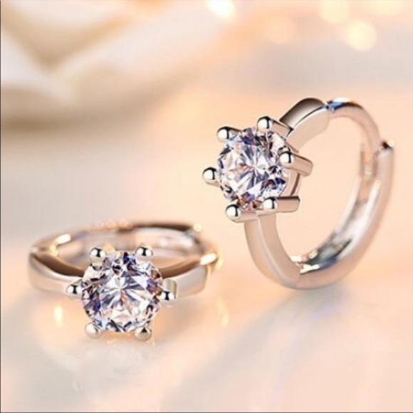 NEW 925 Sterling Silver Diamond Hoop Earrings - Picture 2 of 7